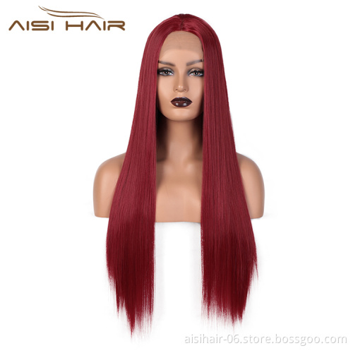 Aisi Hair New Design 26 Inch Long Ombre Red Dark Root Wig Silky Straight Swiss Lace Wigs Synthetic Hair Wigs For Black Women